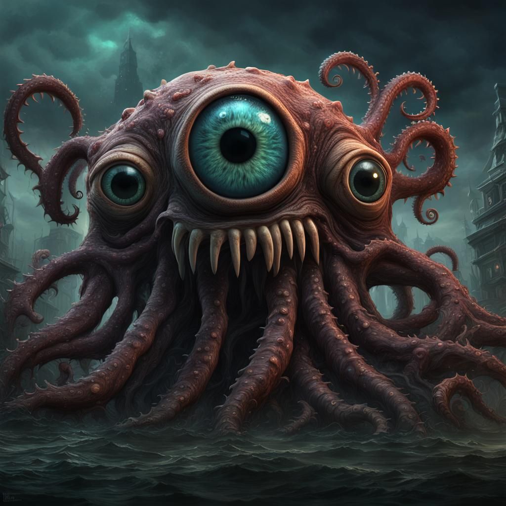 Terrifying Eye Monster with Tentacles in Detailed Matte Pain...