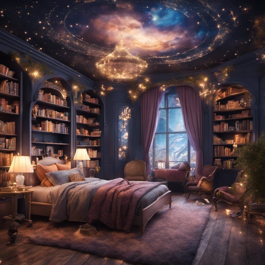 a whimsical royal bedroom straight out of a fairy tale, complete with floating furniture and twinkling stars on the ceil...