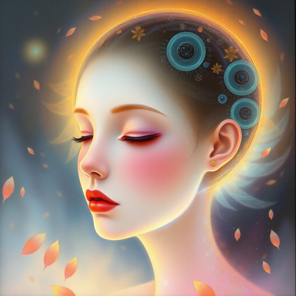 Surrealist Goddess Radiates Peaceful Aura in Pastel Colors