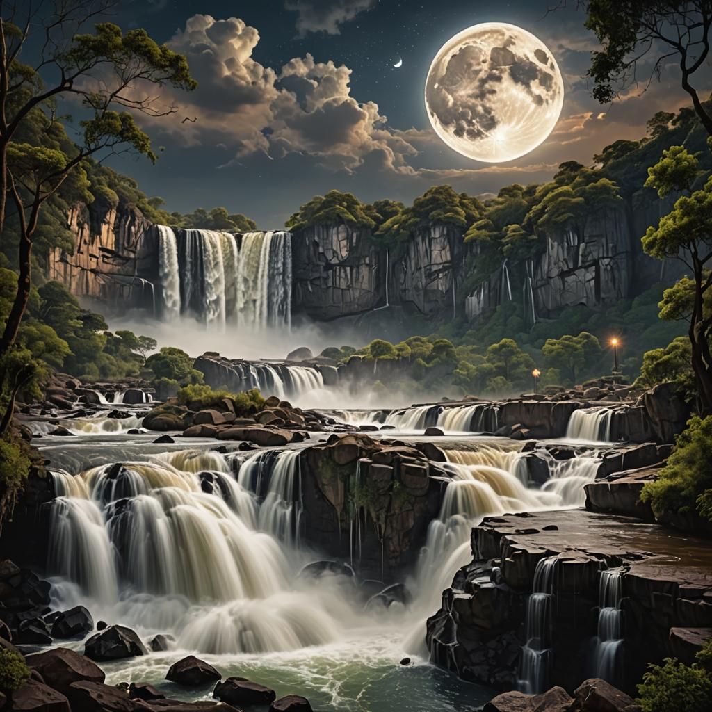 Supermoon Over Waterfalls: Dramatic Digital Matte Painting