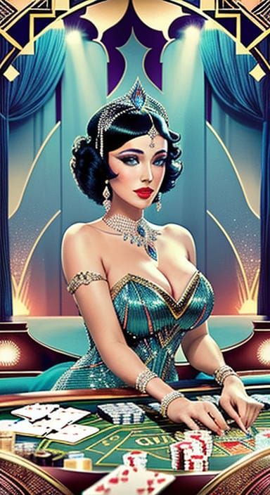 Art Deco Casino: Glamorous Woman Deals Cards