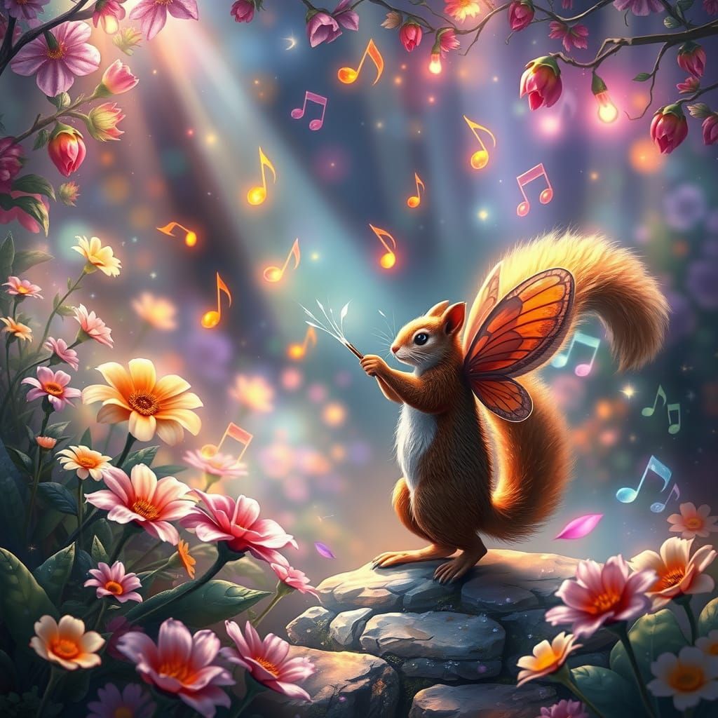 Magical Garden with Musical Notes and Fairy Squirrel