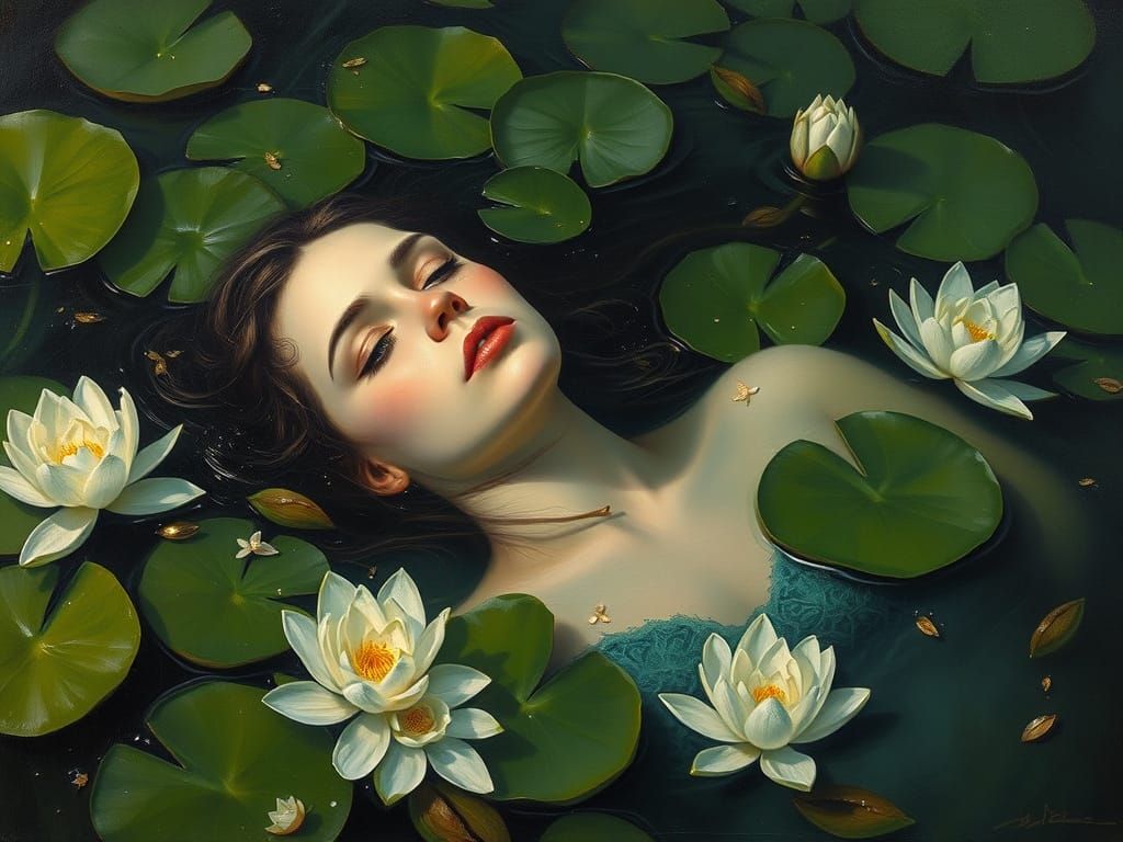 Tragic Ophelia in Serene Water, Oil Painting on Canvas