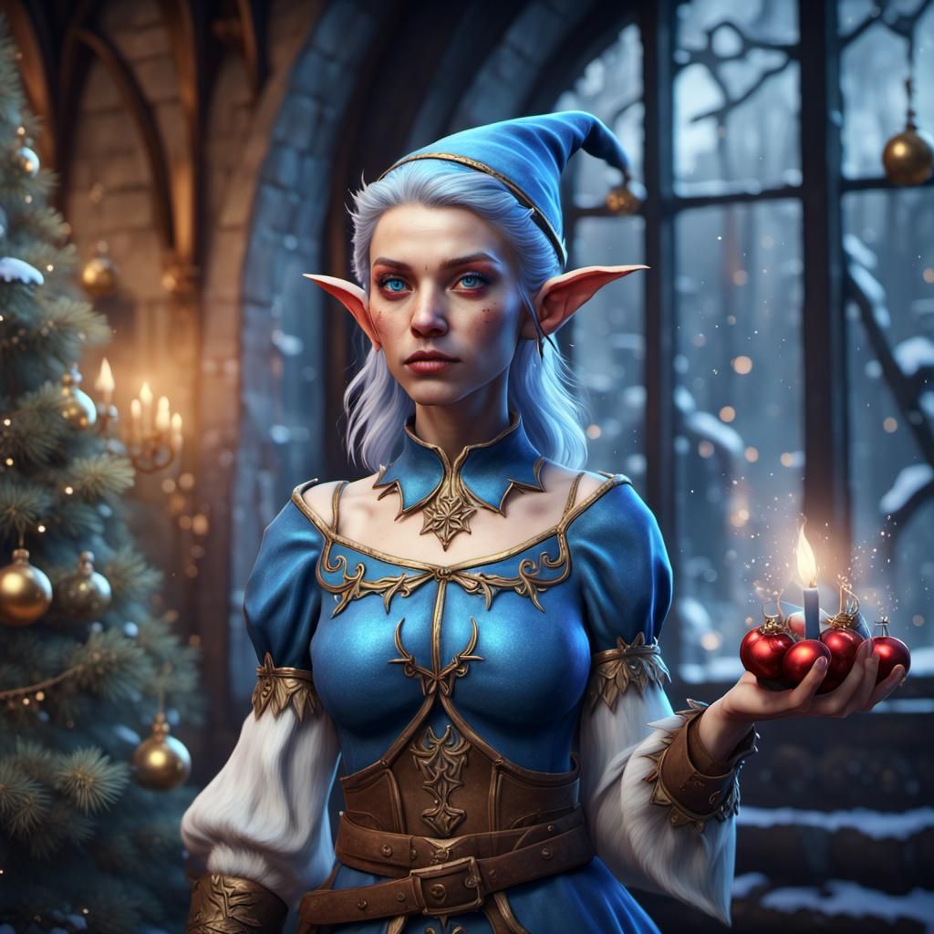 Blue Female Christmas Elf in Detailed Matte Painting
