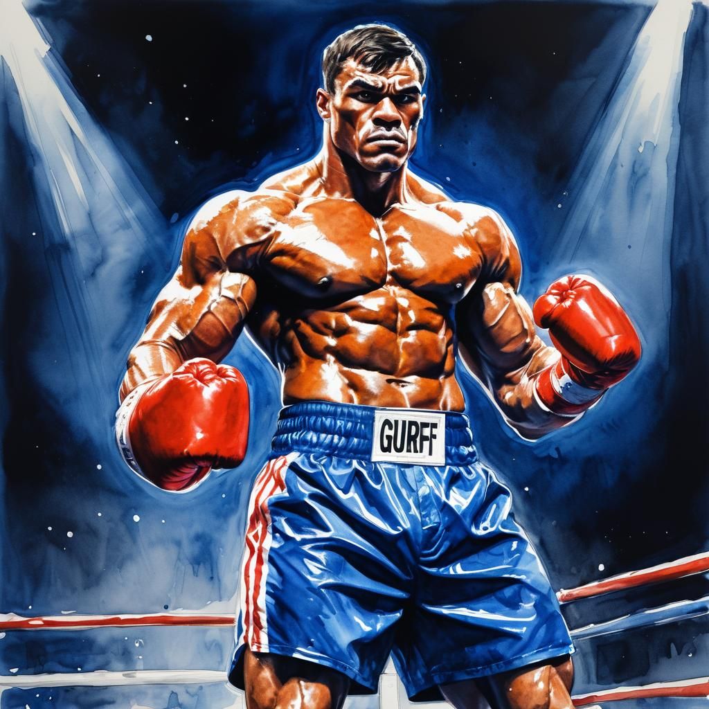 Watercolor Boxer Flexing On Stage in Spotlight