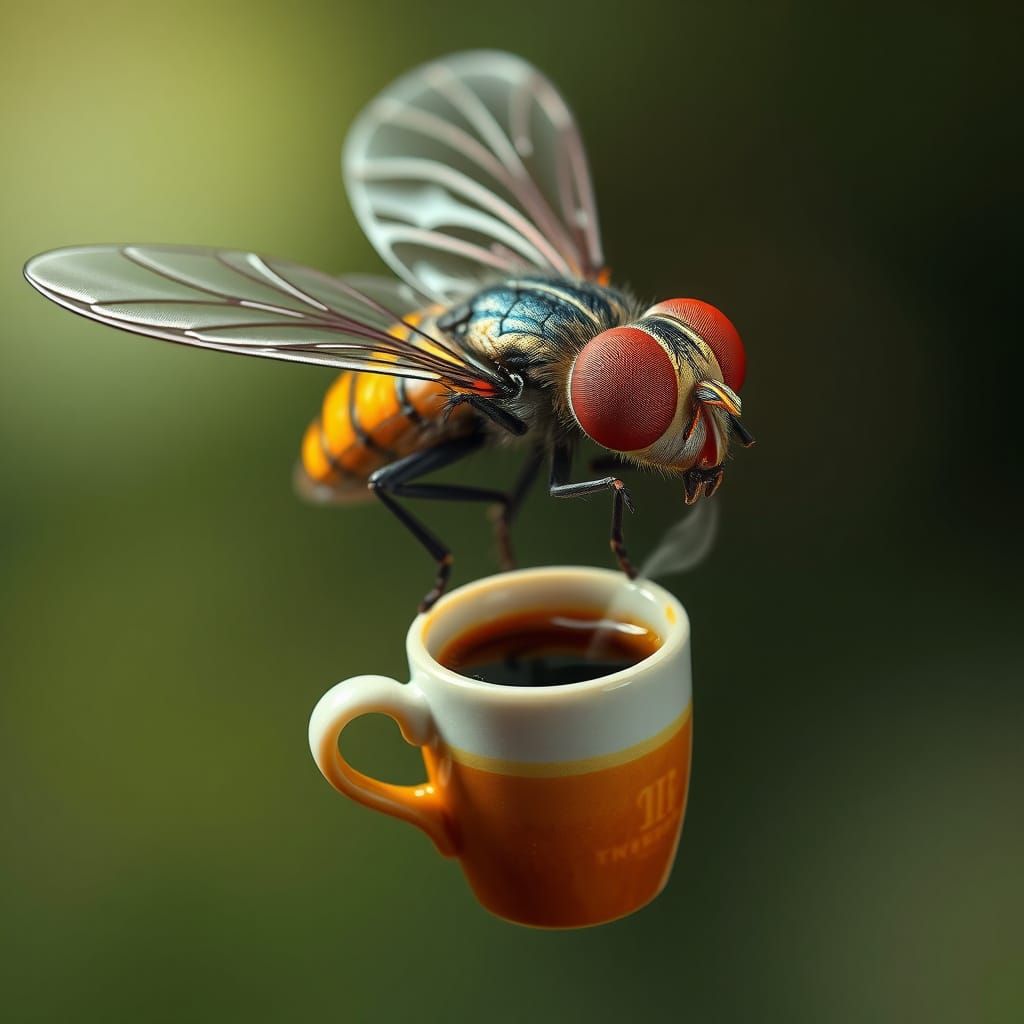 A Housefly drinking a Tiny cup of coffee That it is carrying While buzzing through the air