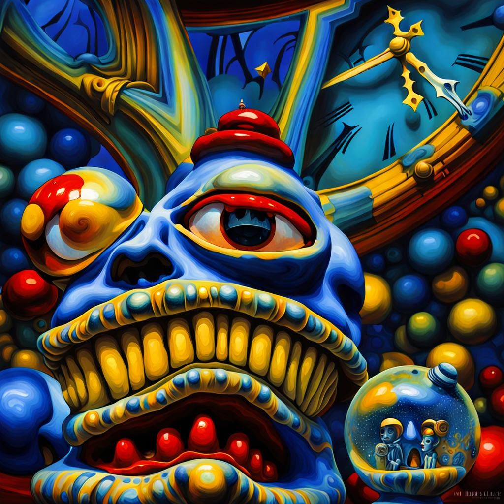 Two yellow jesters with lapiz lazuli cristal clock heads, Mescaline and DMT art, H.R. Giger, M.C. ESCHER, distorted pers...