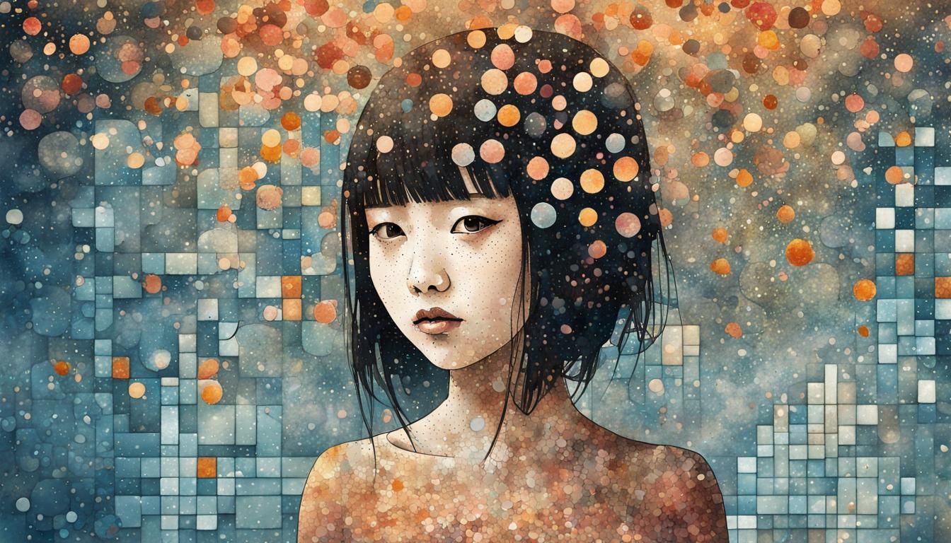Mosaic Japanese Girl in Confetti Shower