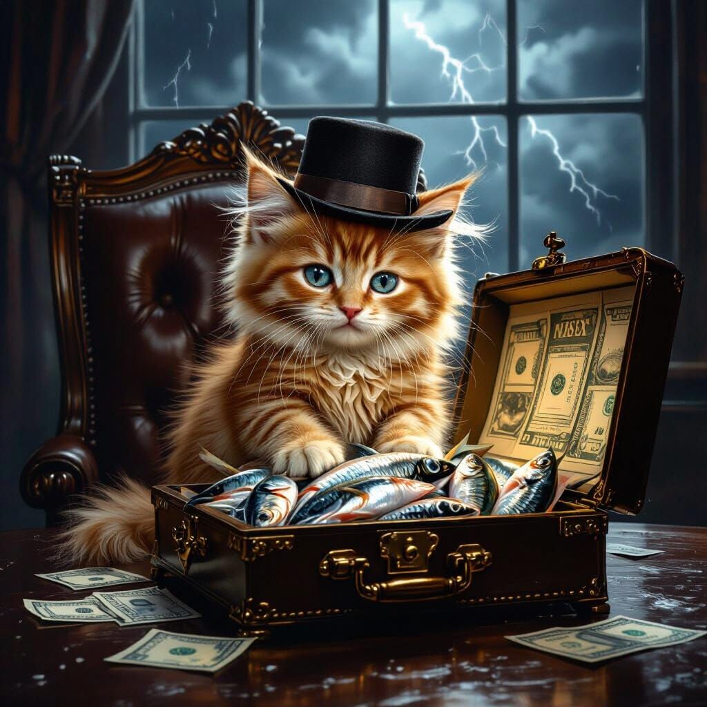 Ginger Kitten Gambler with Fish Money Case