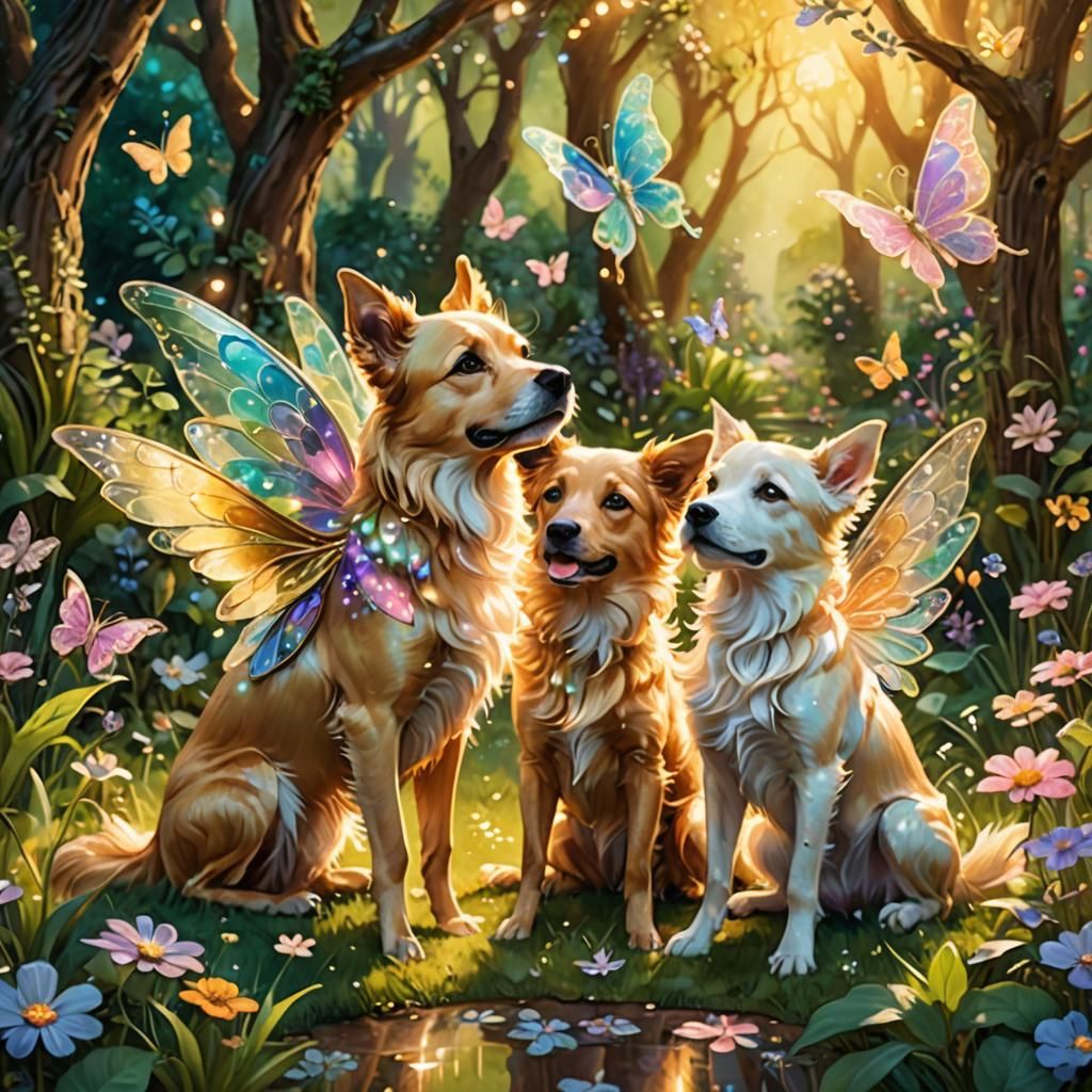 Dogs and Fairies in Enchanted Garden, Oil Painting
