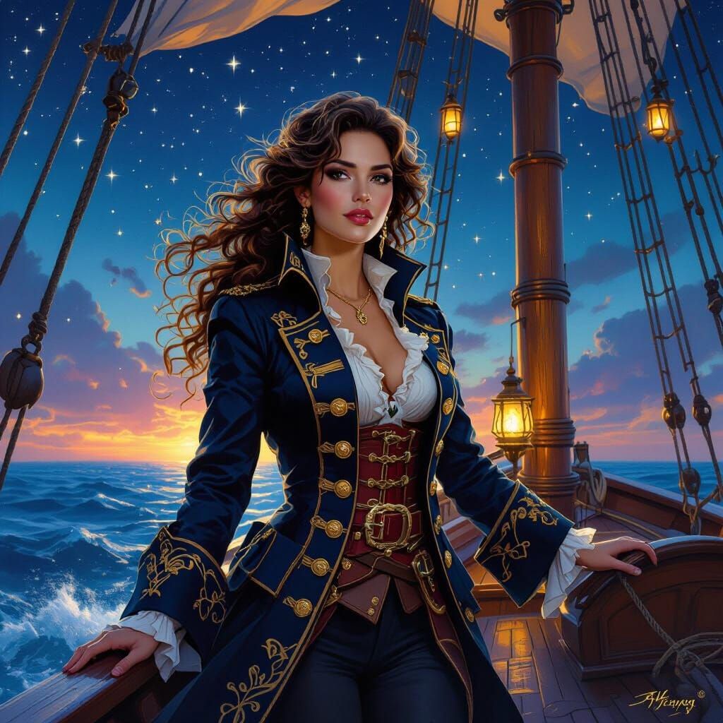 Pirate Captain on Starry Seas in Painterly Style