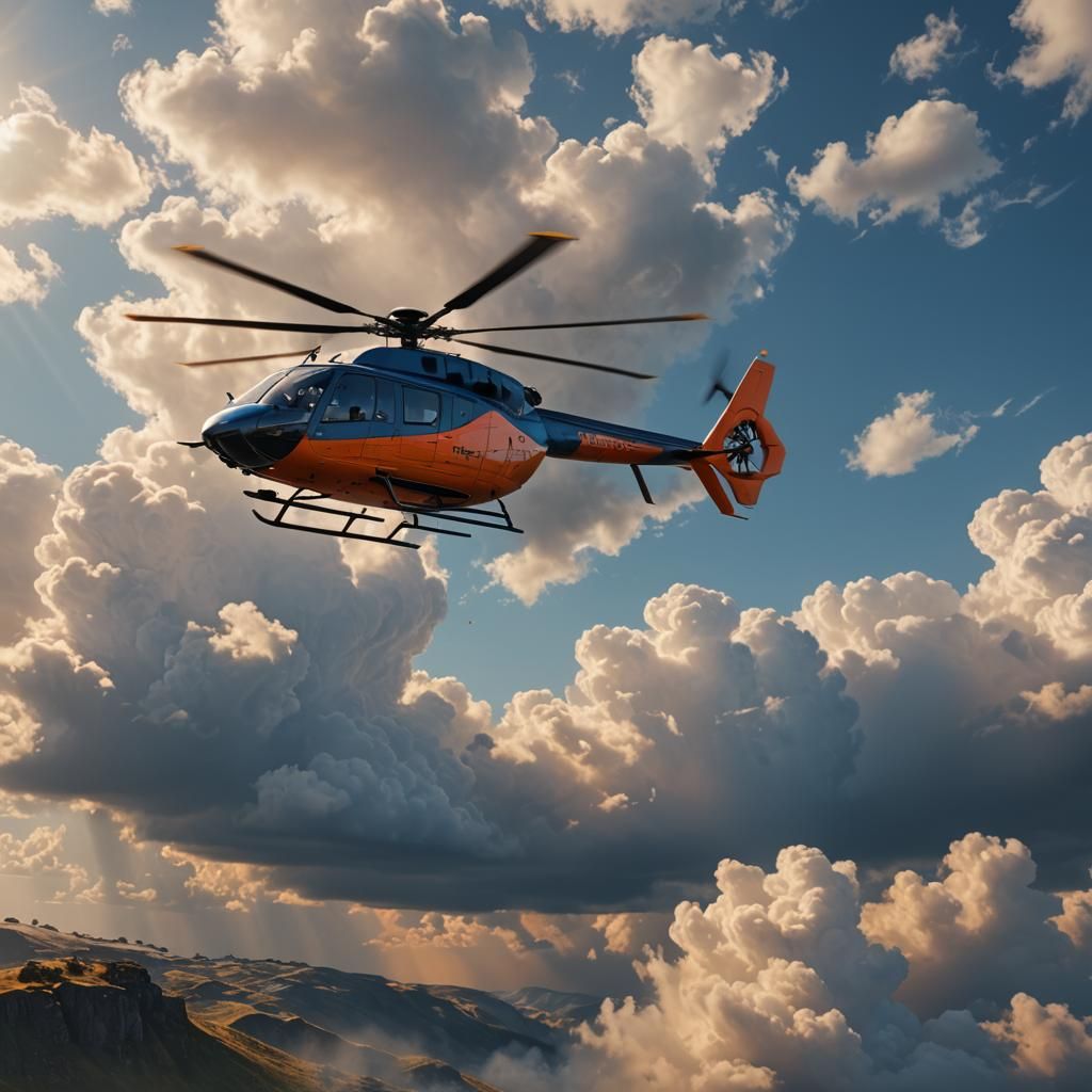 Helicopter Soaring on Sunny Day: Detailed Matte Painting