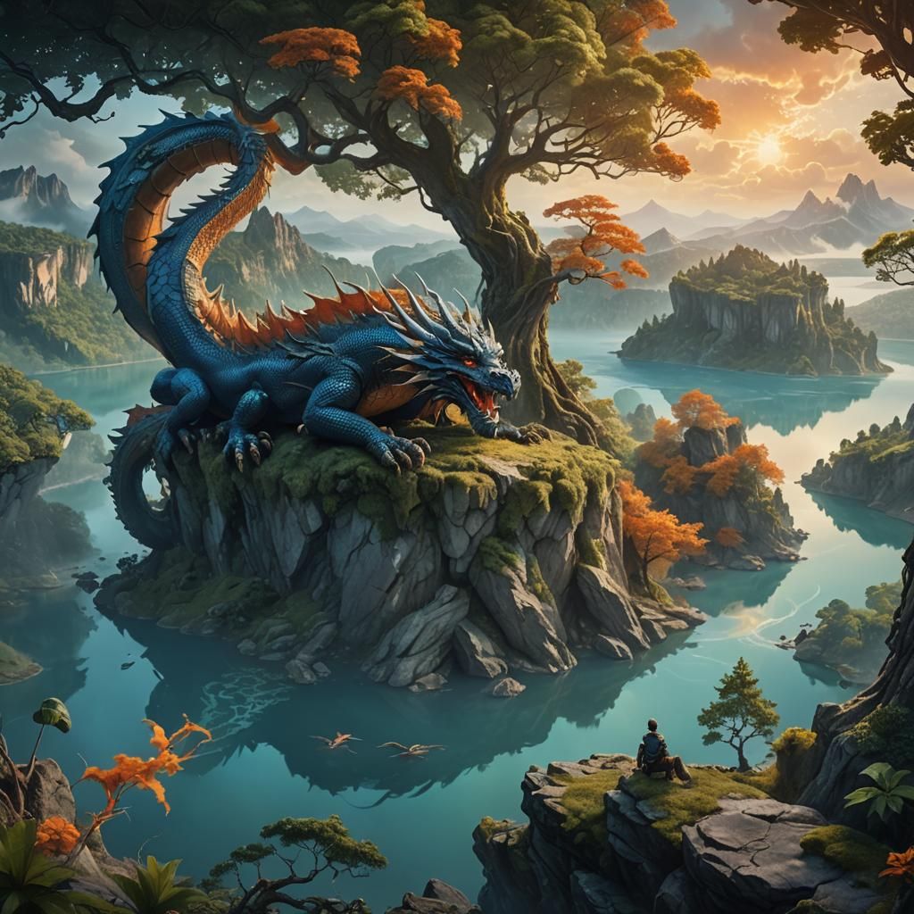 Magnificent Dragon Overlooking Lake: Fantasy Concept Art