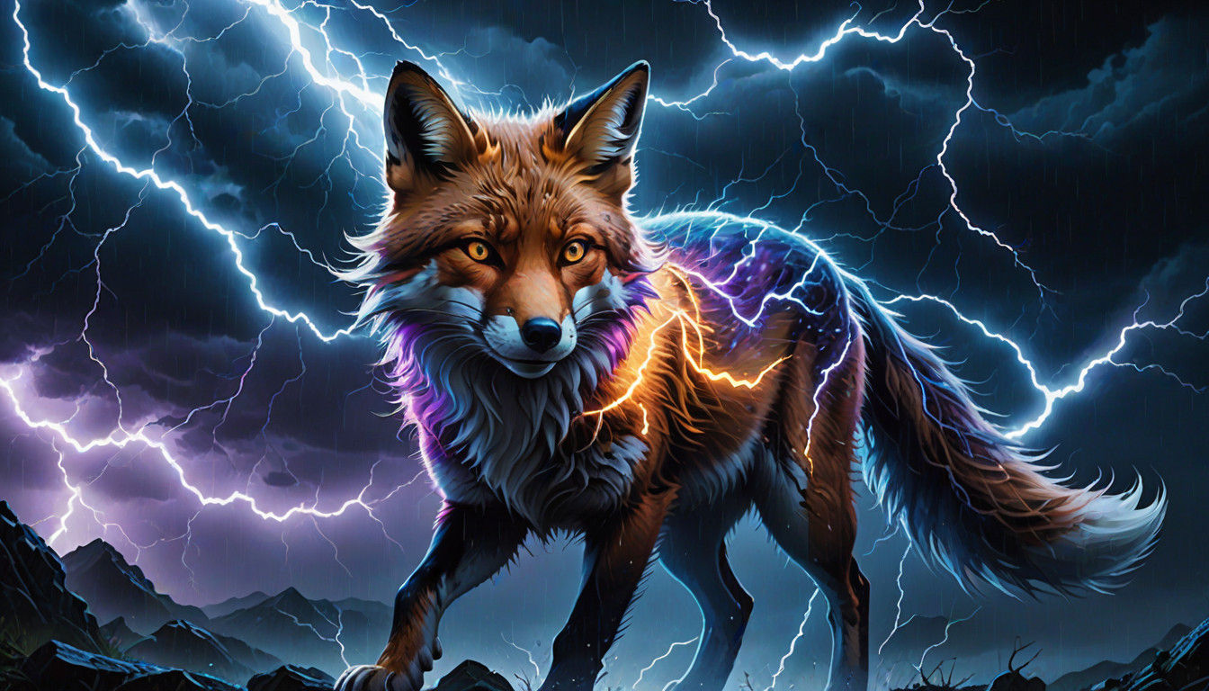 Electric Fox Soars Through Stormy Night Skies