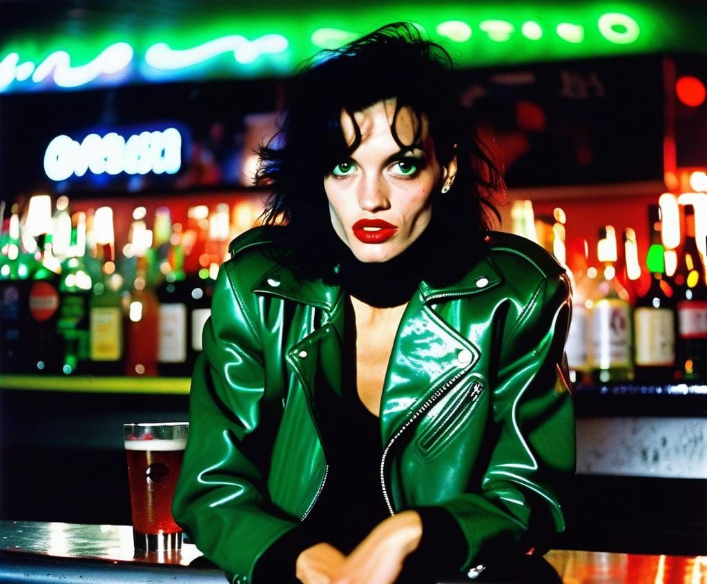 Attractive Woman in Neon Nightclub, 1980s Portrait