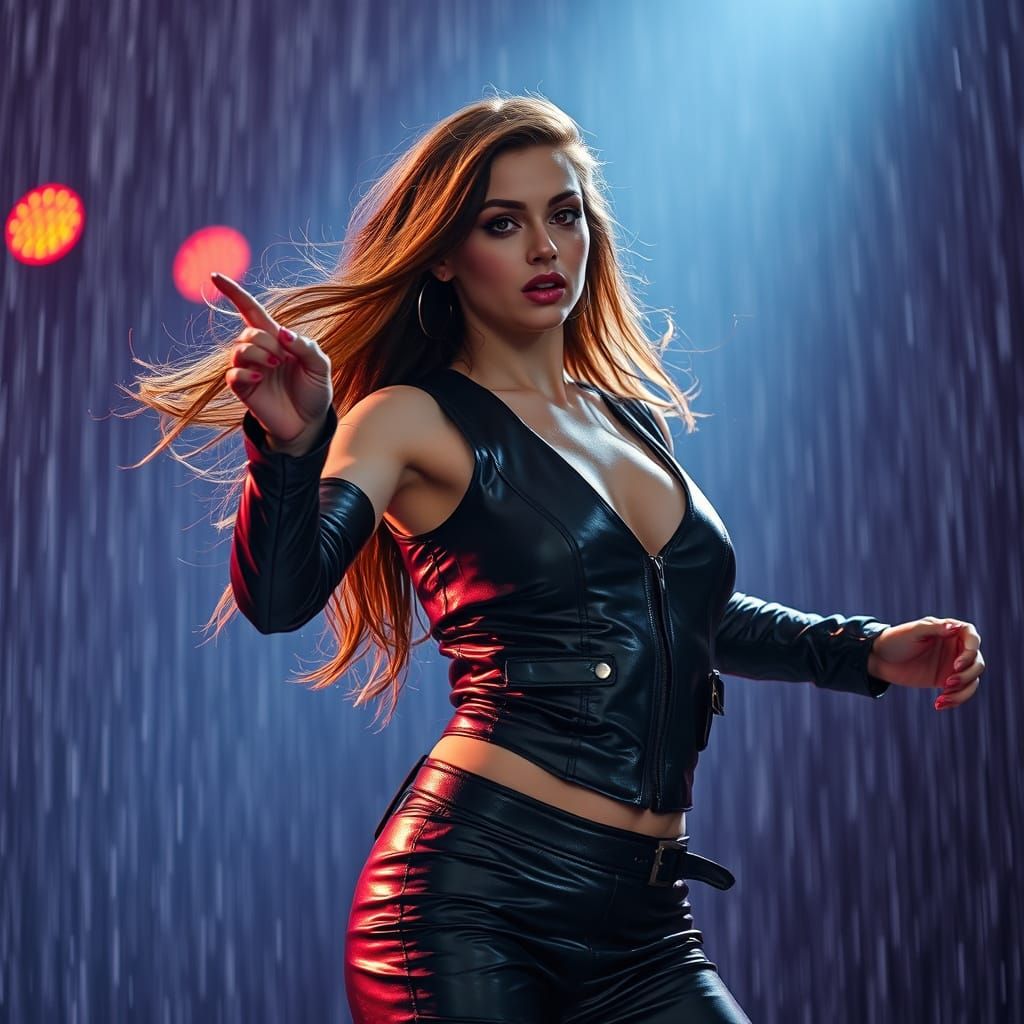 Sultry Rockstar Dances in Digital Rain