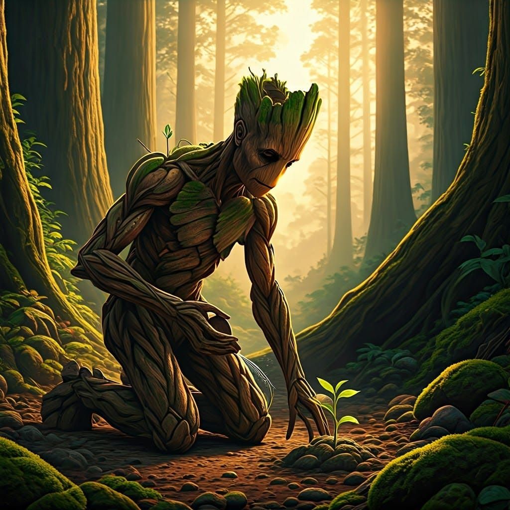Groot Tends to a Majestic Forest Sprout in Earth-Toned Maste...