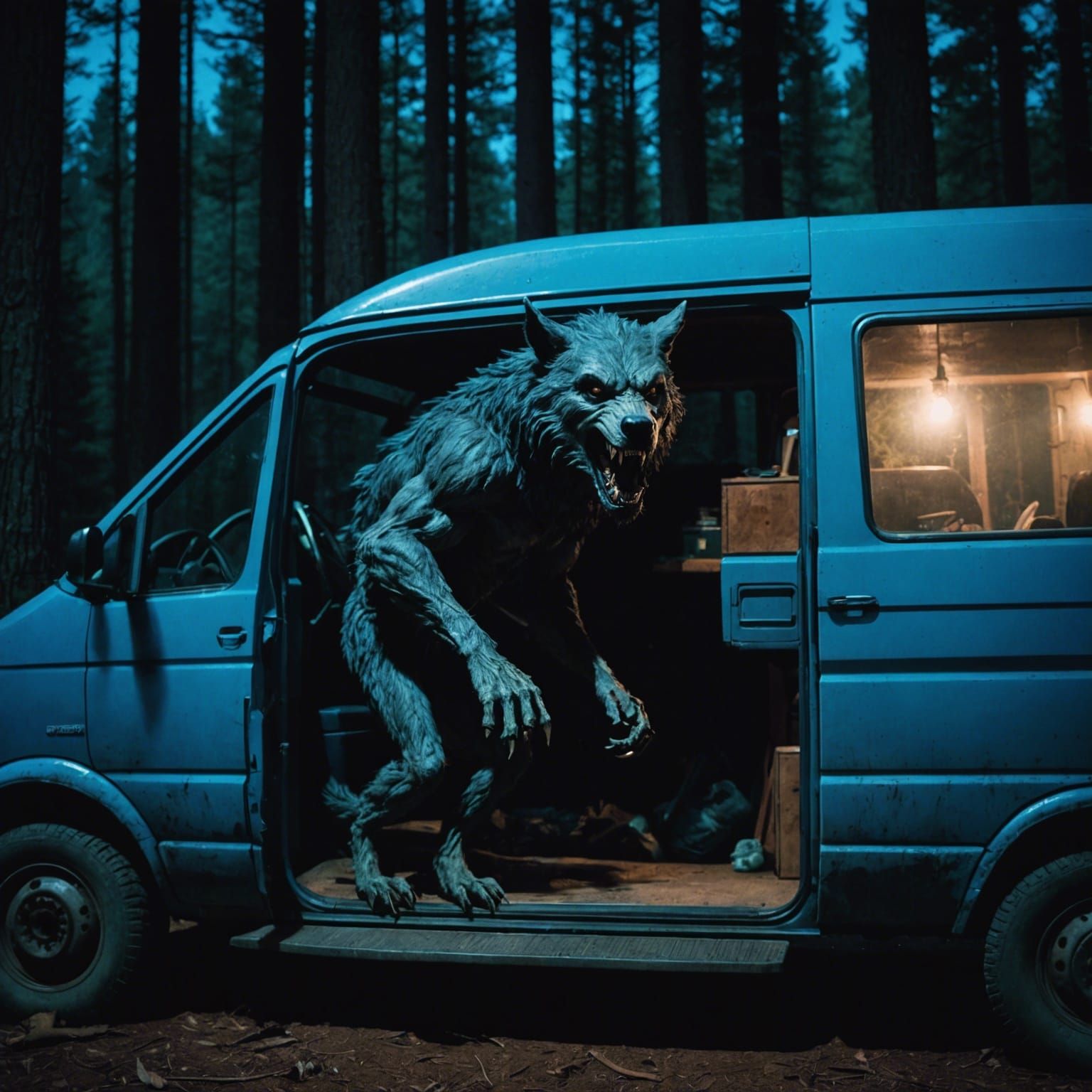 A tall werewolf ripping off a blue van door, at night, in th...