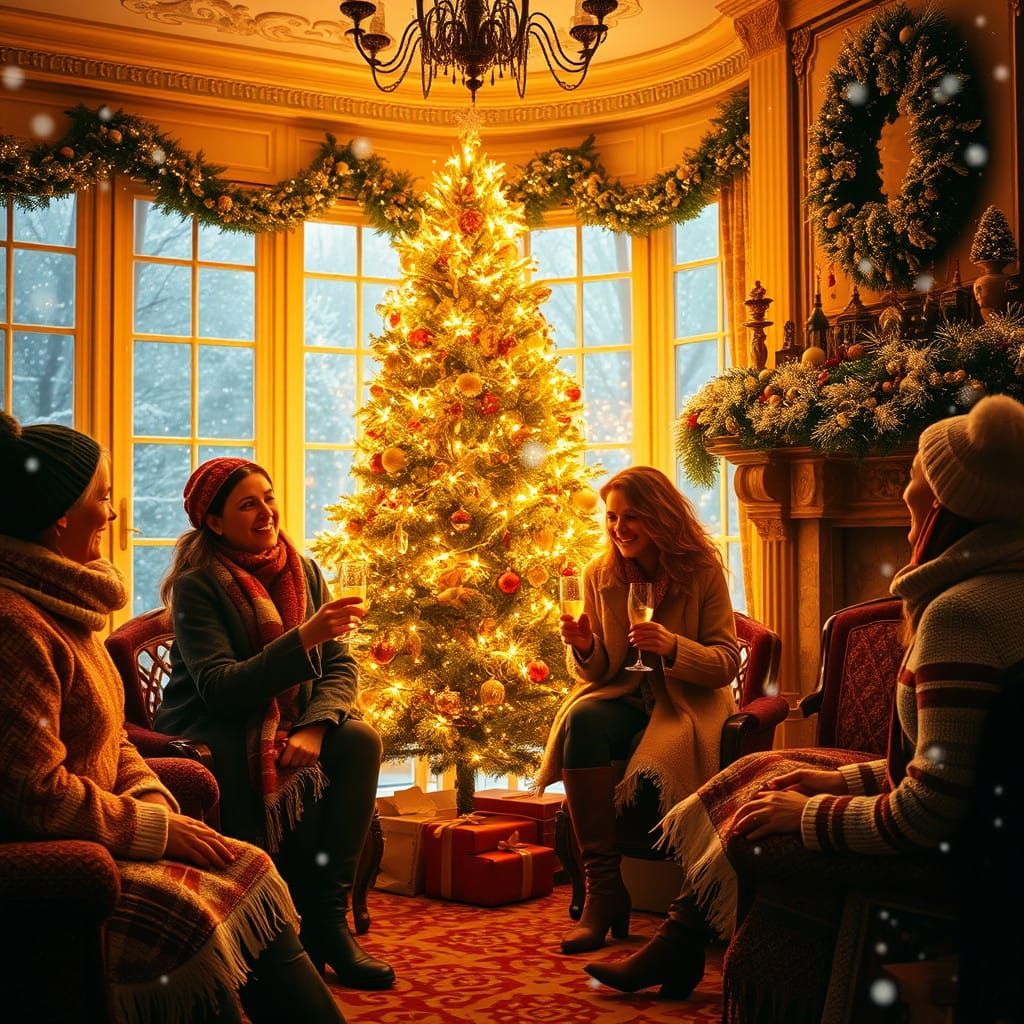 Warm Winter Wonderland with Friends Toasting in Golden Light