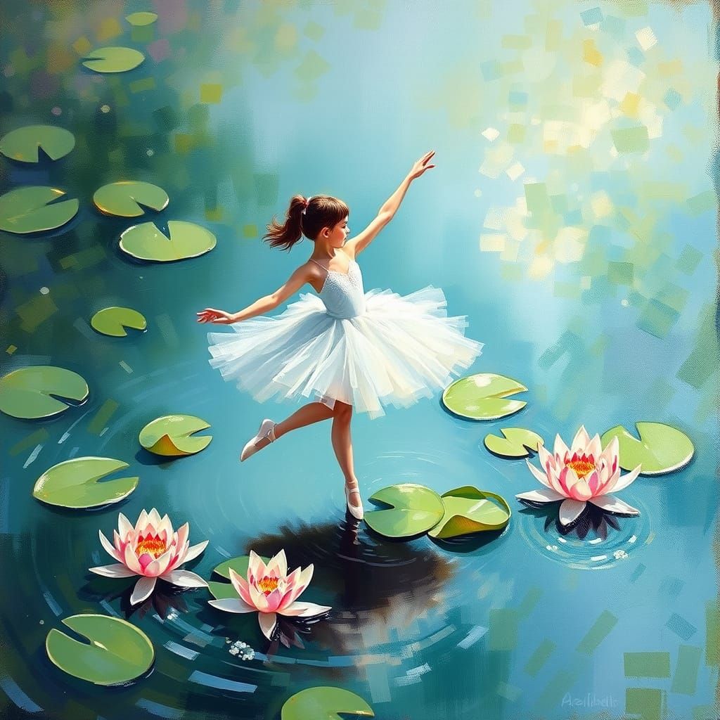 Ballerina Dancing on Lily Pads in Serene Pond Landscape