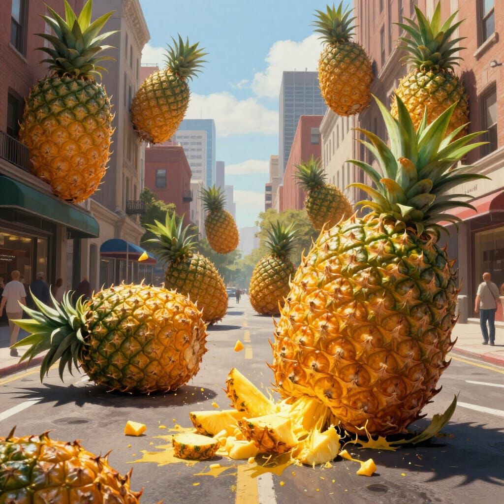 Surreal Cityscape Overrun by Giant Photorealistic Pineapples