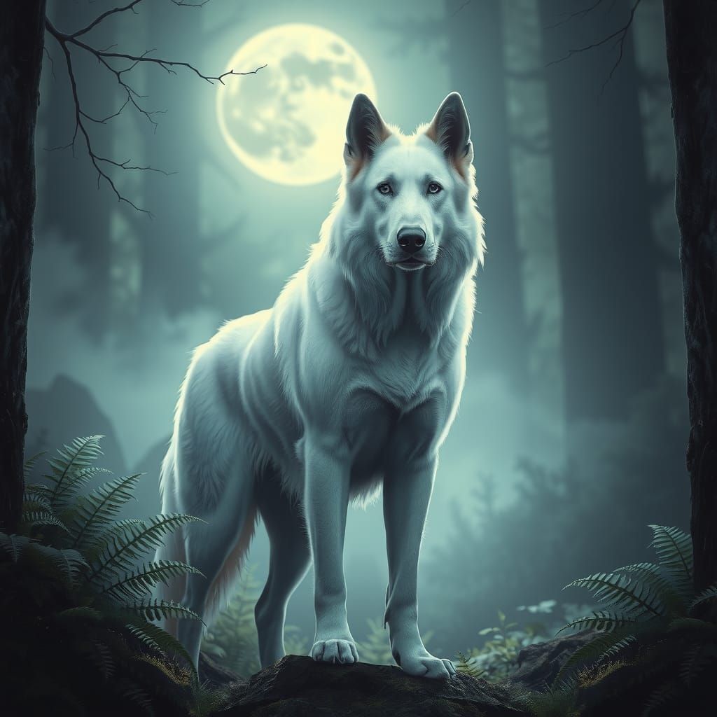 Ethereal White Shepherd in Moonlit Forest