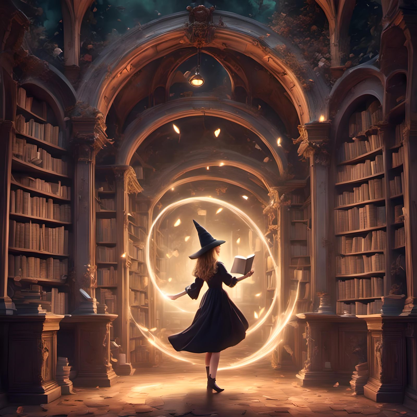 Young Witch Opens Portal in Library, Fantasy Scene