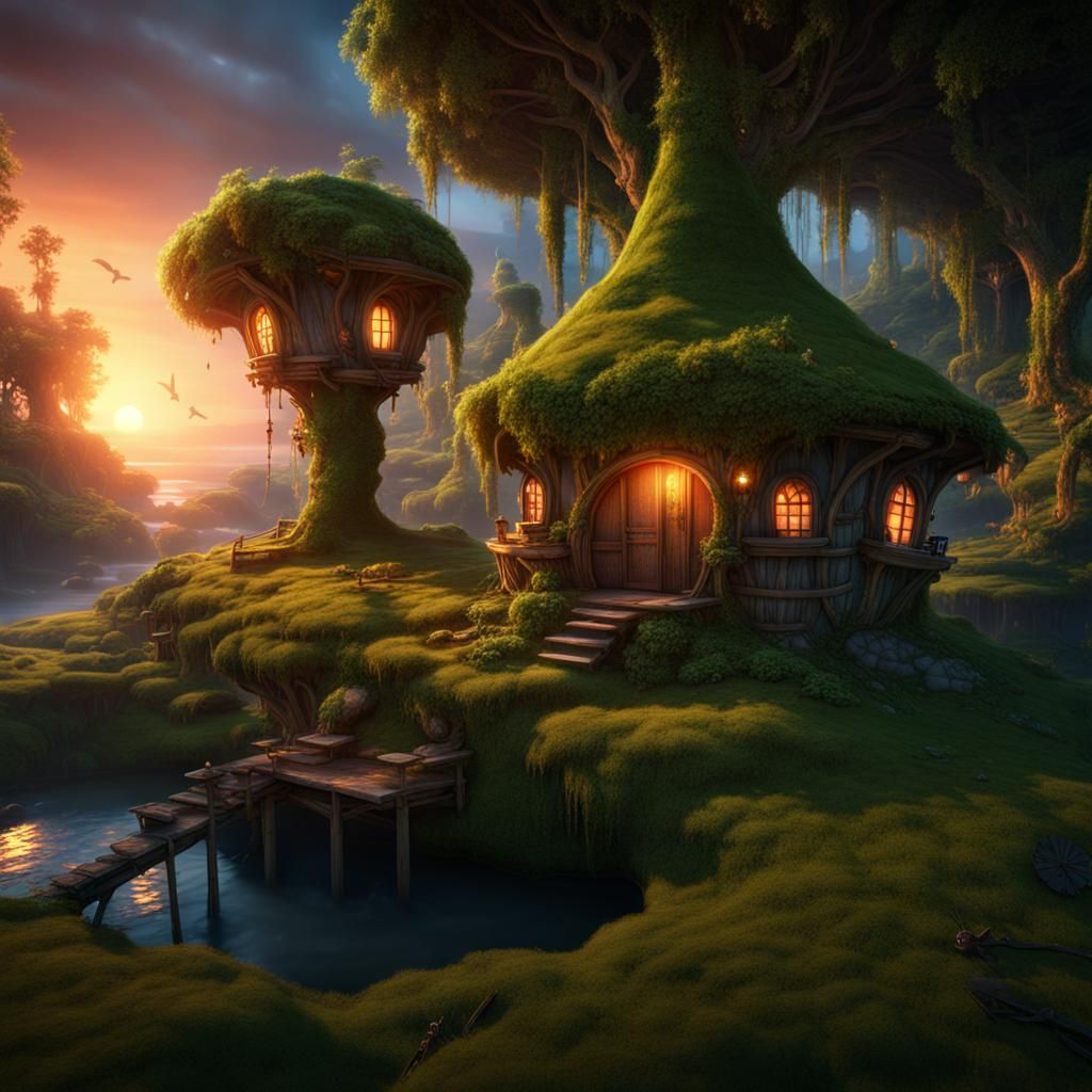 Fairies and Moss Huts at Sunset: Fantasy Concept Art