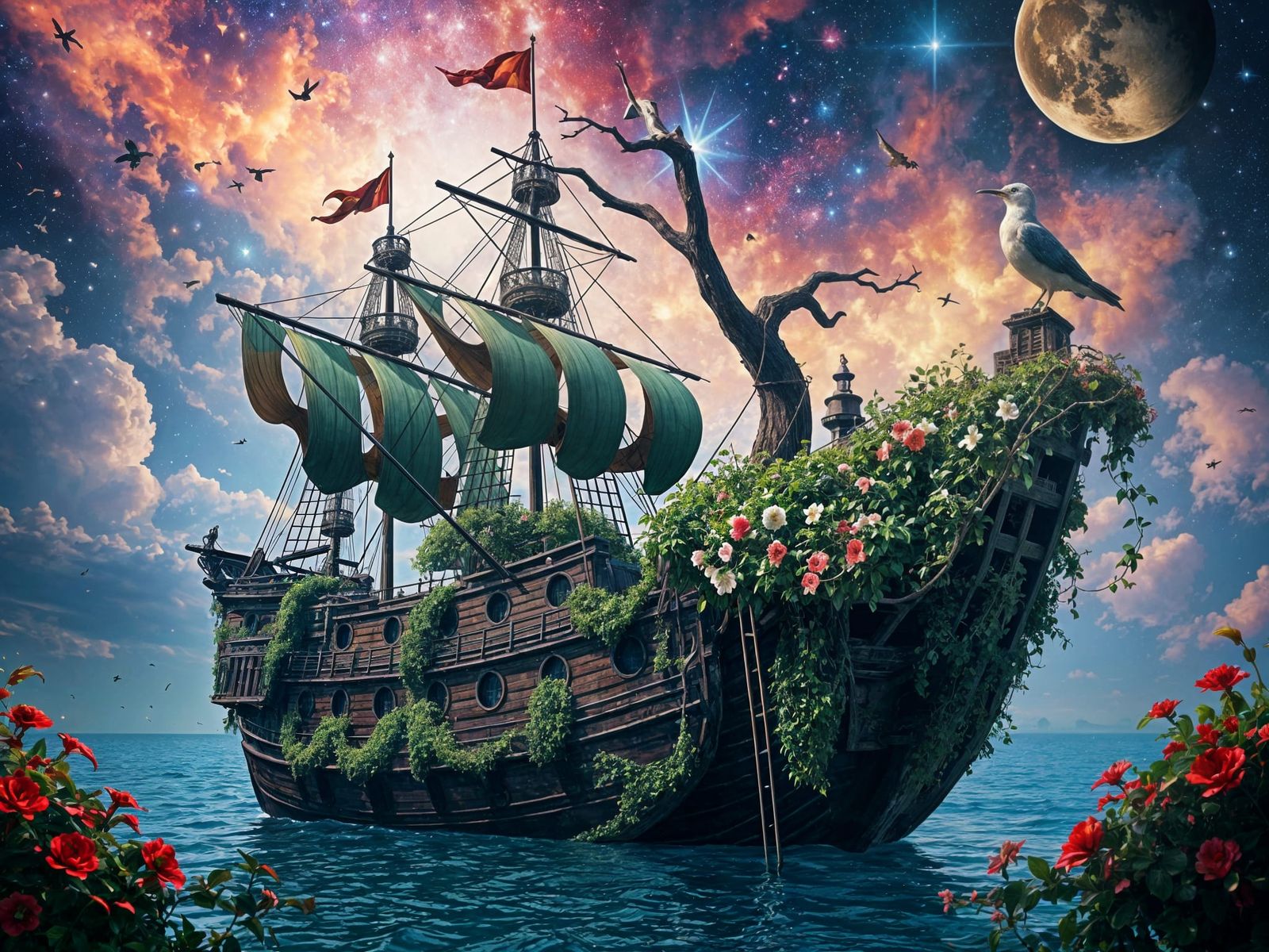 Surreal Spanish Galleon in Vibrant Cosmic Landscape