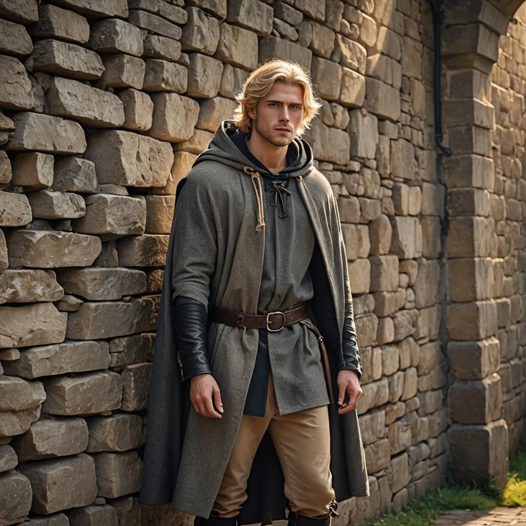 Handsome Blond Man in Medieval Attire by Stone Wall