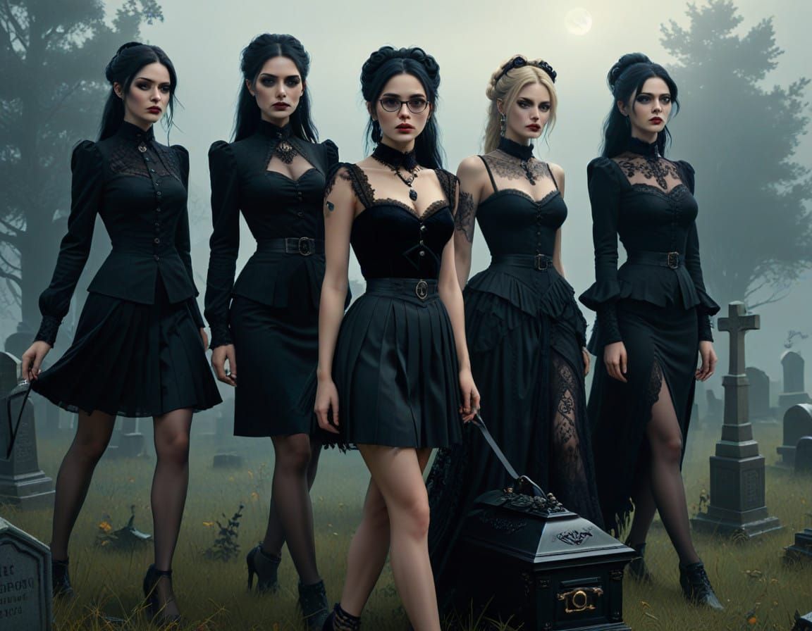 Elegant Gothic Ladies in Black Mourning Attire