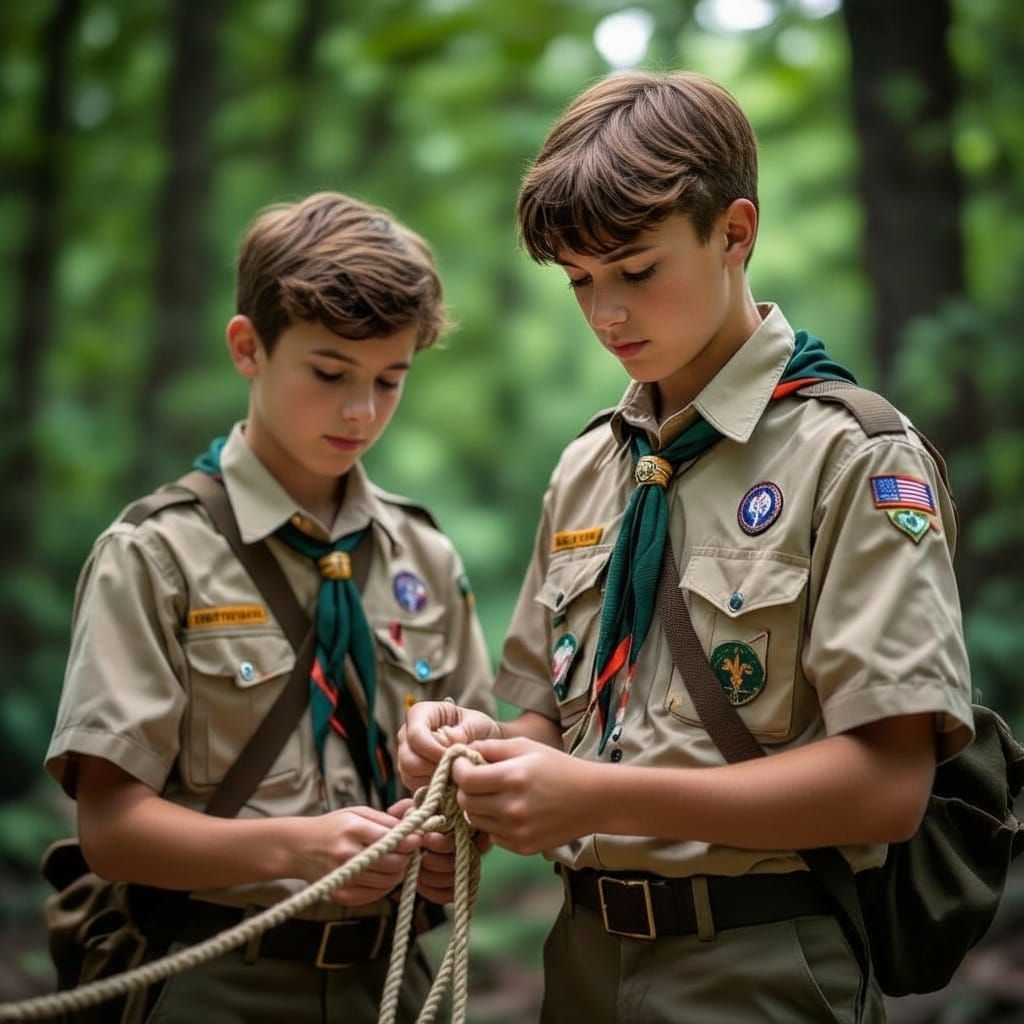 Boy Scouts Tie Advanced Knot at Camp