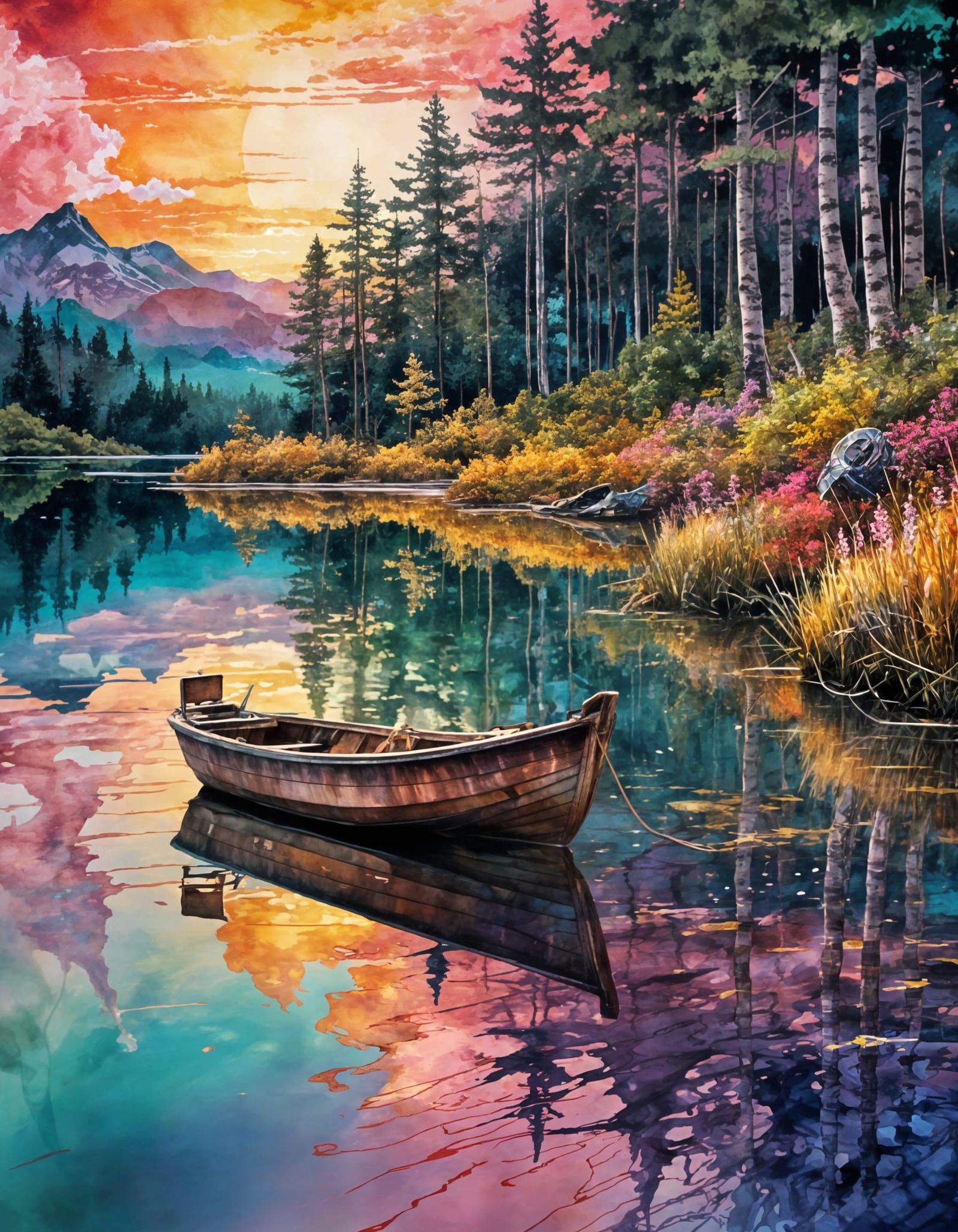 Vaporwave Lake: Metallic Ink Countryside Landscape