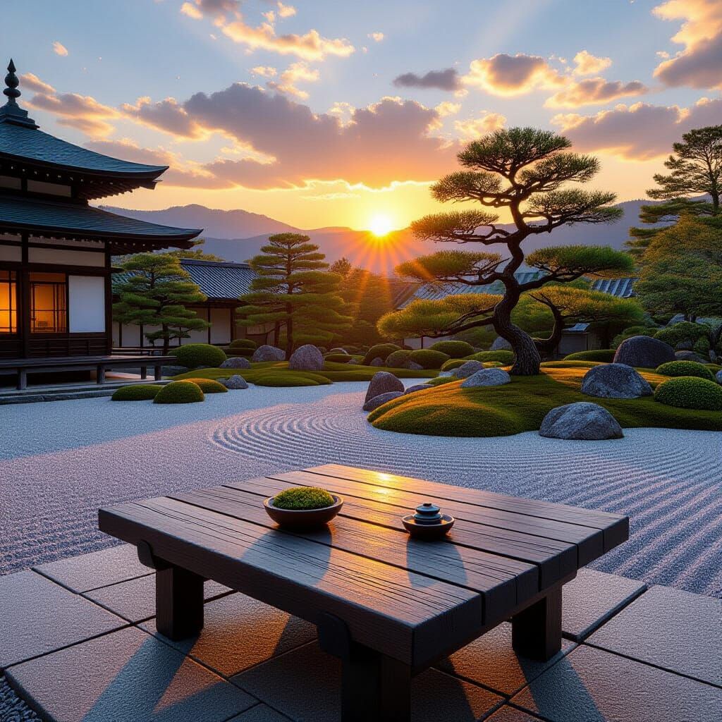 Serene Japanese Zen Garden at Sunset with Bonsai