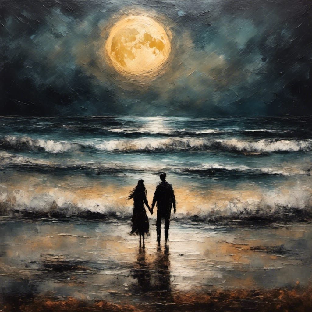 Lovers on Beach at Moonrise in Grungy Oil Painting