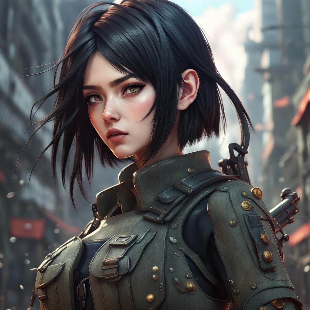 Anime Army Girl with Undercut Hair in Detailed Painting