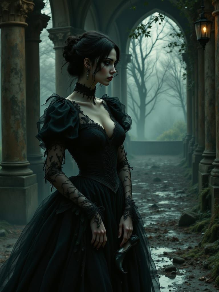 Dark Cinderella in Overgrown Gothic Ruins