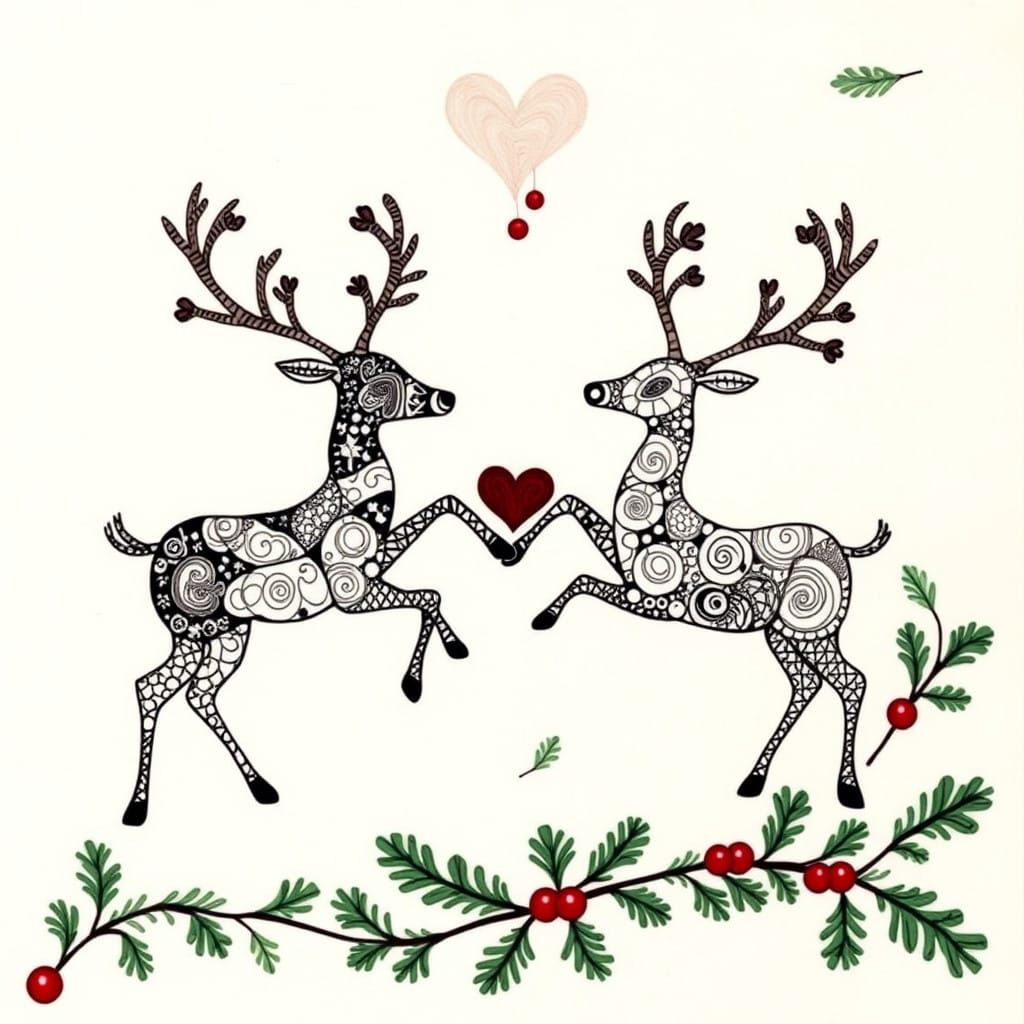 Fractal Zentangle Loving Reindeers mistletoe