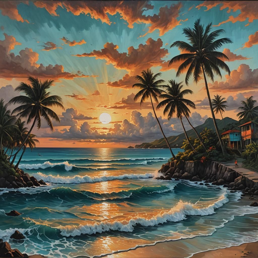 Caribbean Sunset Oil Painting in Hyperrealism