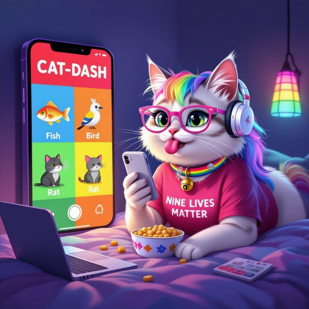 Gen Z Birman Cat Teen Girl with iPhone in Maximalist Room