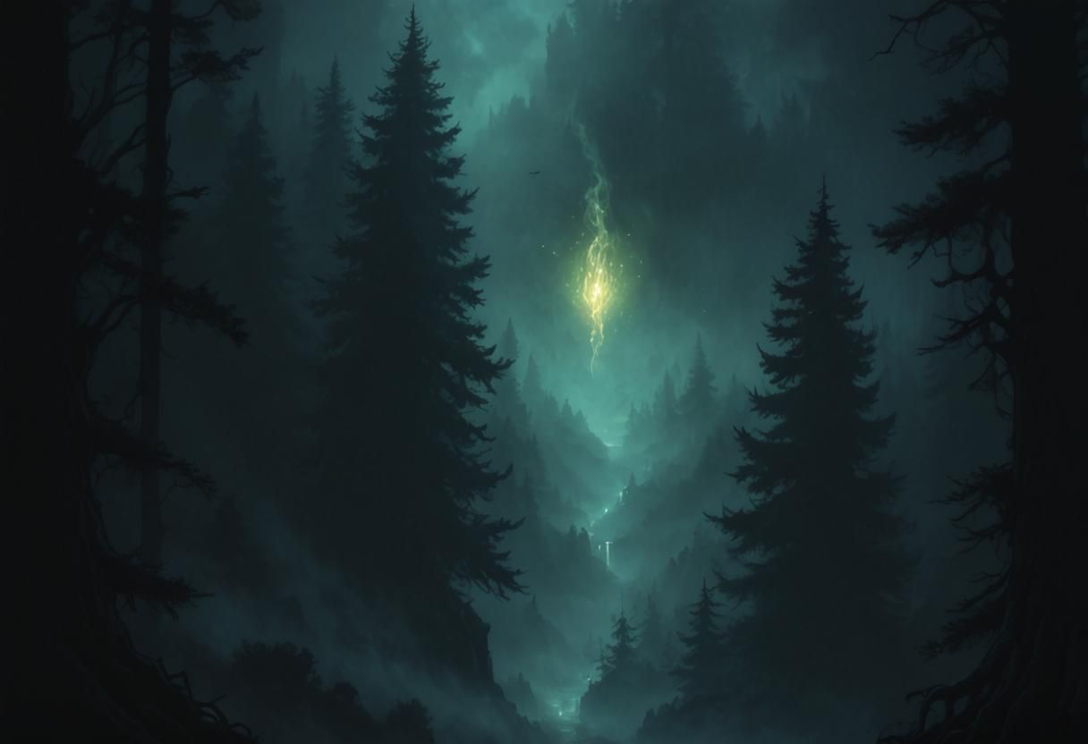 Glowing Will-o-Wisp Over Dark Evergreen Forest