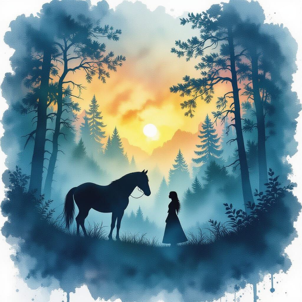 Mystical Forest Horse and Girl Double Exposure Watercolor