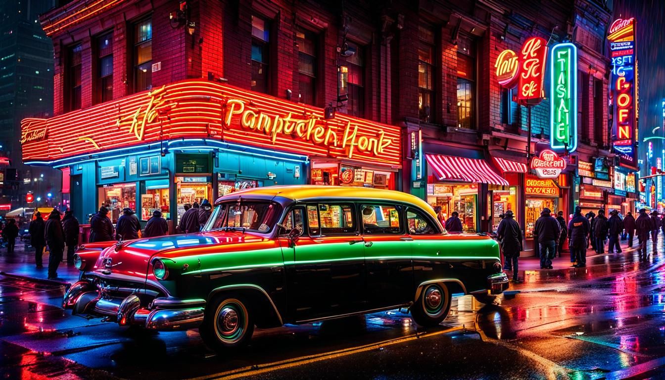 Fantastical Neon Street Corner in the Rain