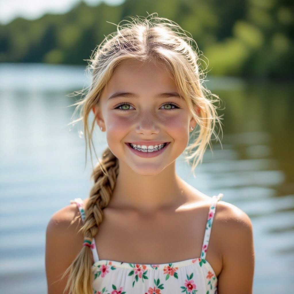 Girl Smiling with Braces by a Lake