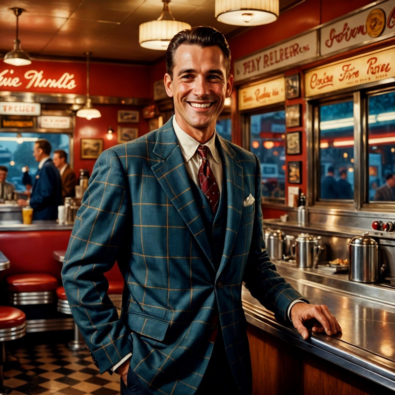 Man Smiles in 1950s Diner as Oil Painting