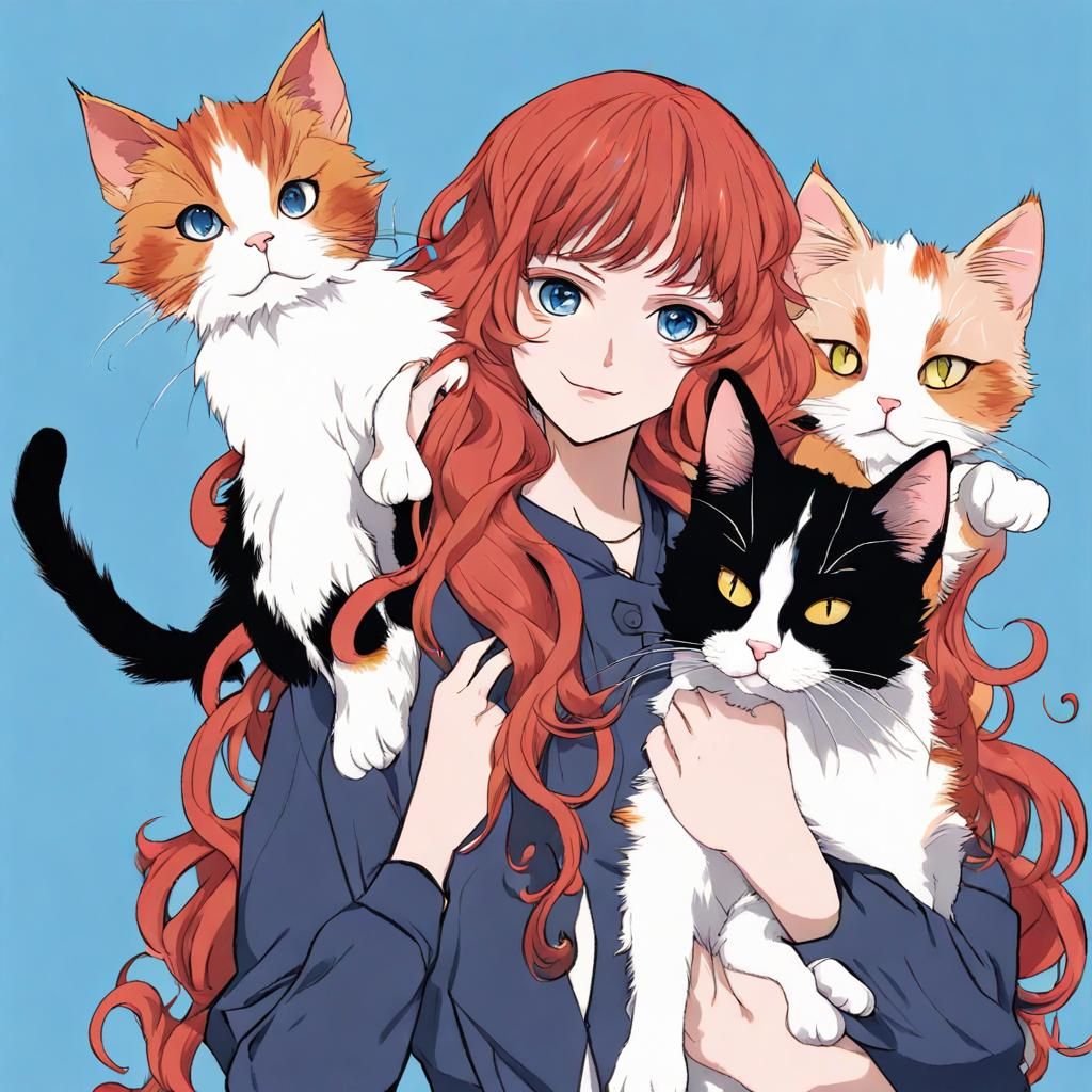 Anime Portrait: Redhead with Cats on Blue