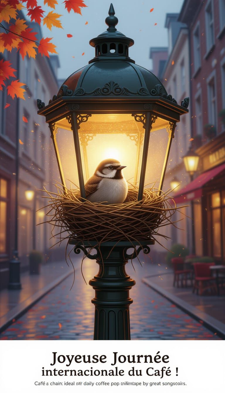 Bird Nest Inside Lit Lamppost, Hyperrealistic Concept Art