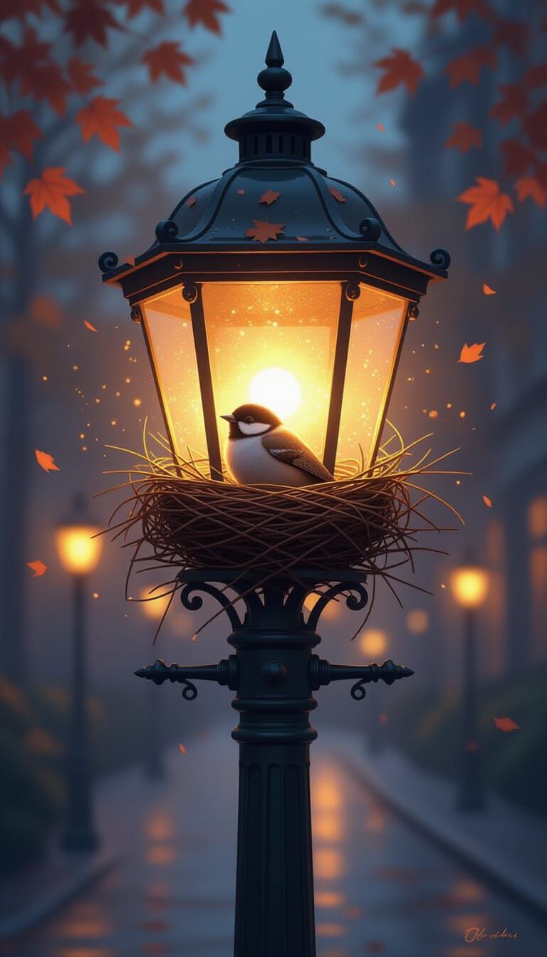 Bird Nest in Lit Lamppost, Hyperrealistic Concept Art