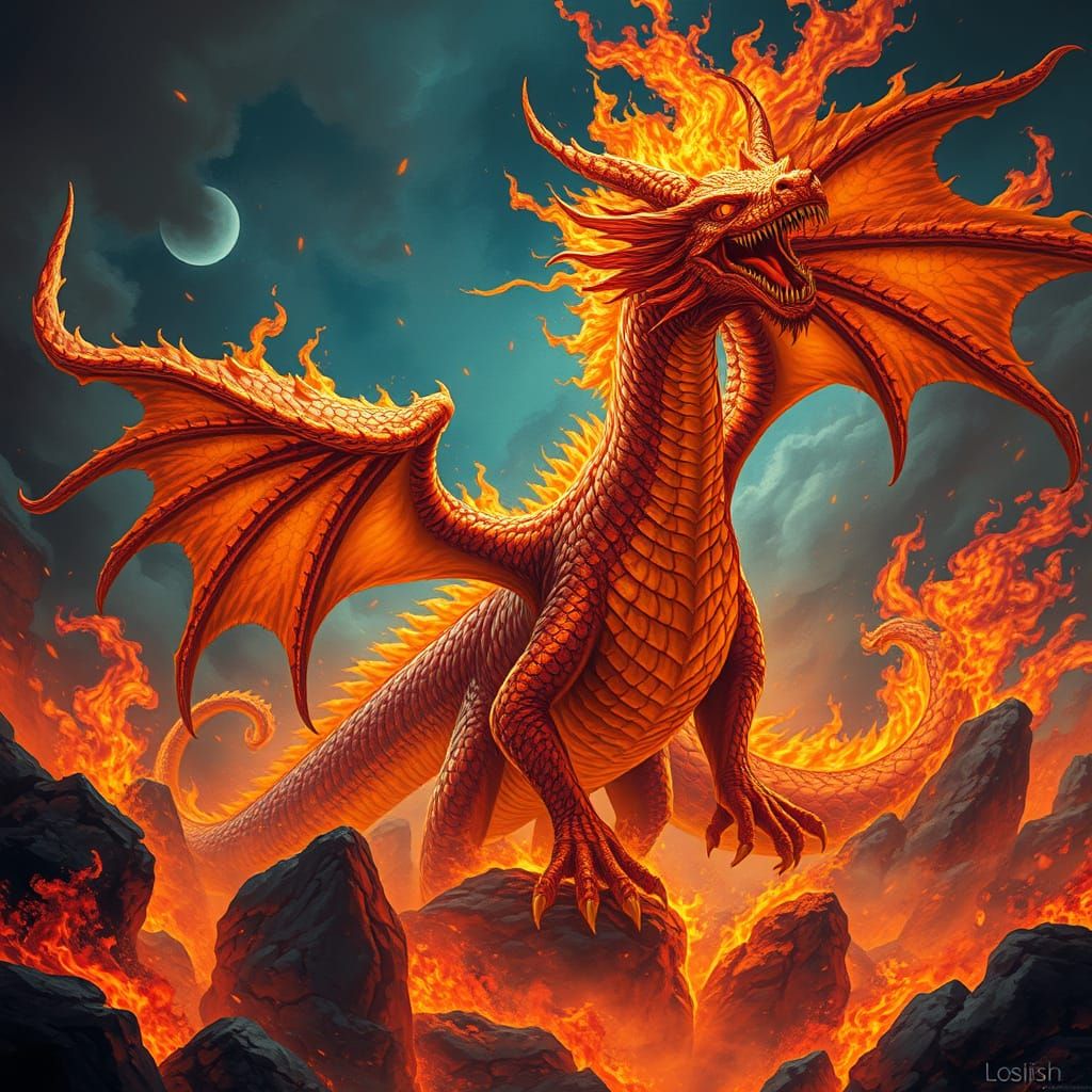Majestic Fire Dragon in Swirling Flames