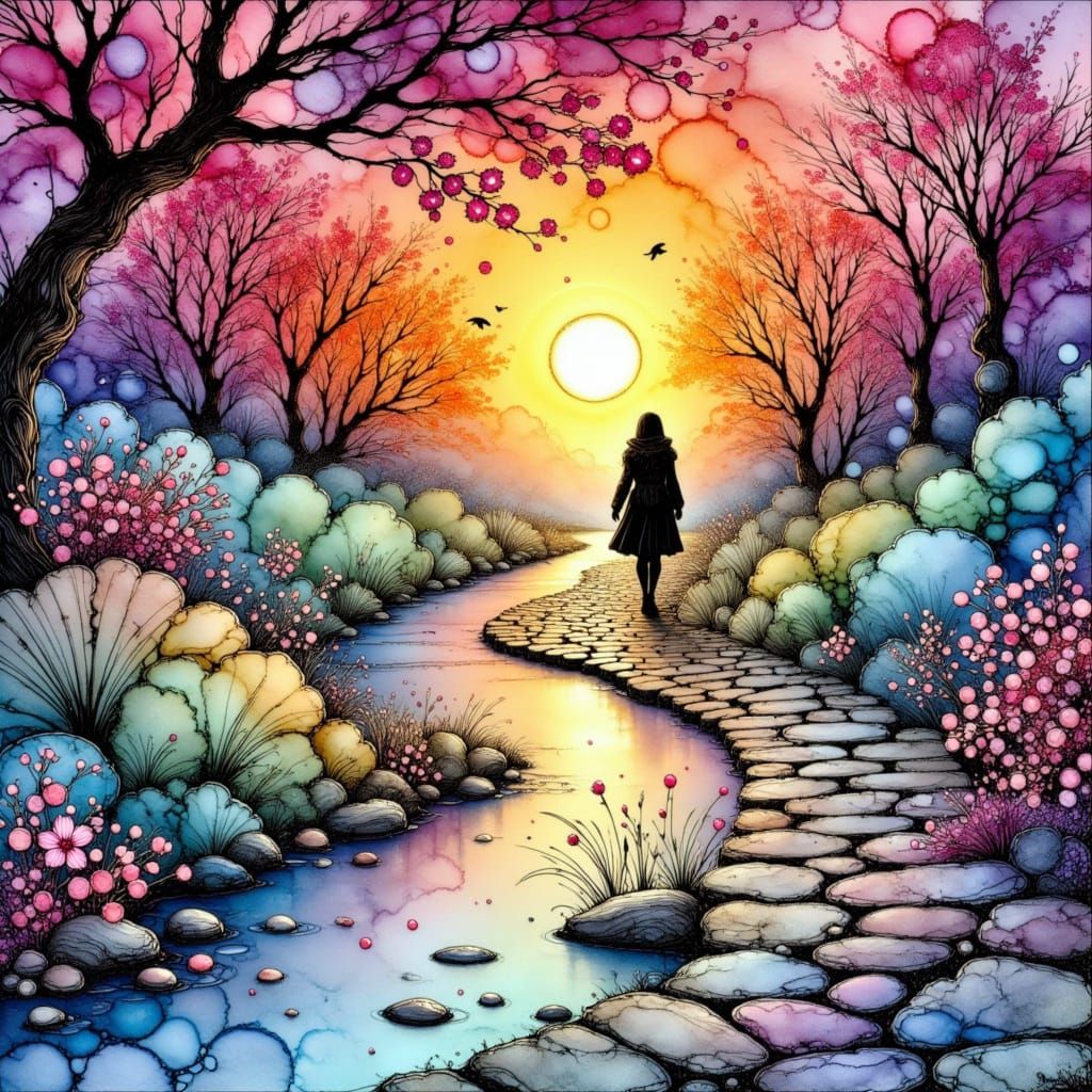 Sunrise Park Walk in Colorful Ink Drawing Style